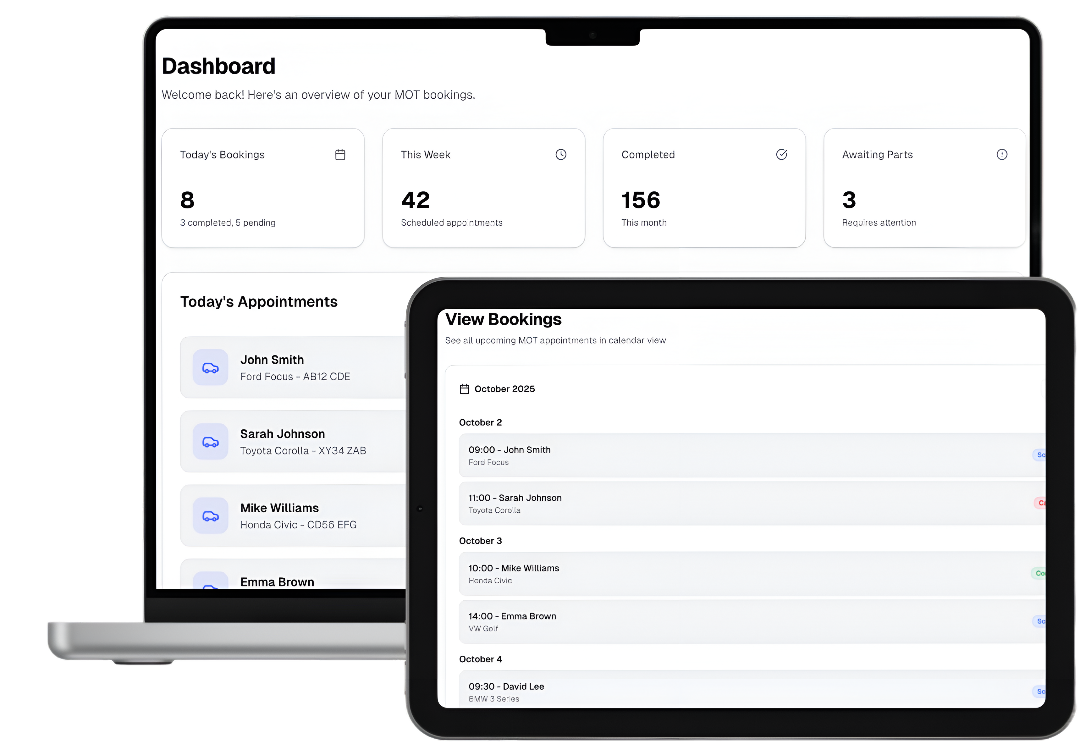 MOT Booking System Interface showing booking form and mechanic dashboard