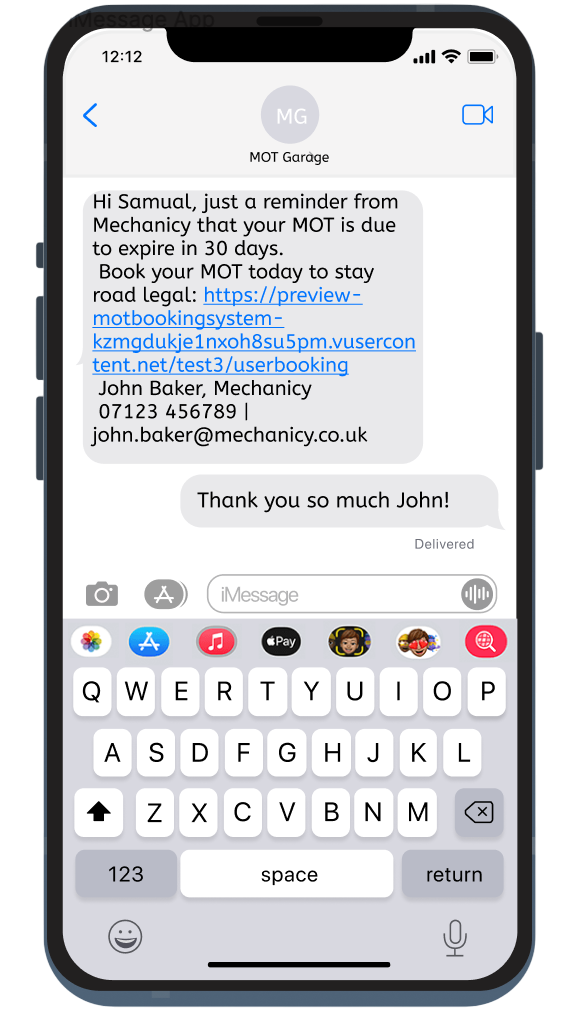 iPhone showing MOT reminder text message to customer