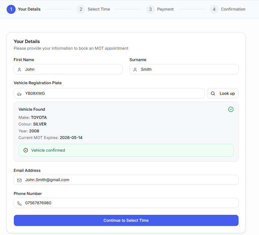Step 1: Enter your details - Customer information form showing name, vehicle registration, and contact details